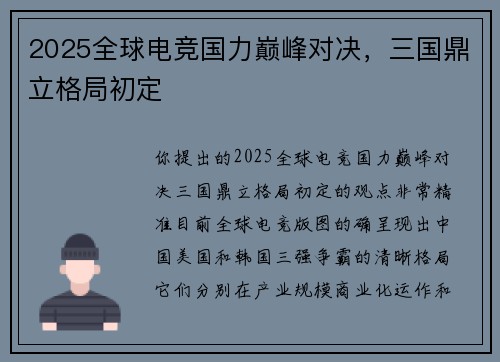 2025全球电竞国力巅峰对决，三国鼎立格局初定